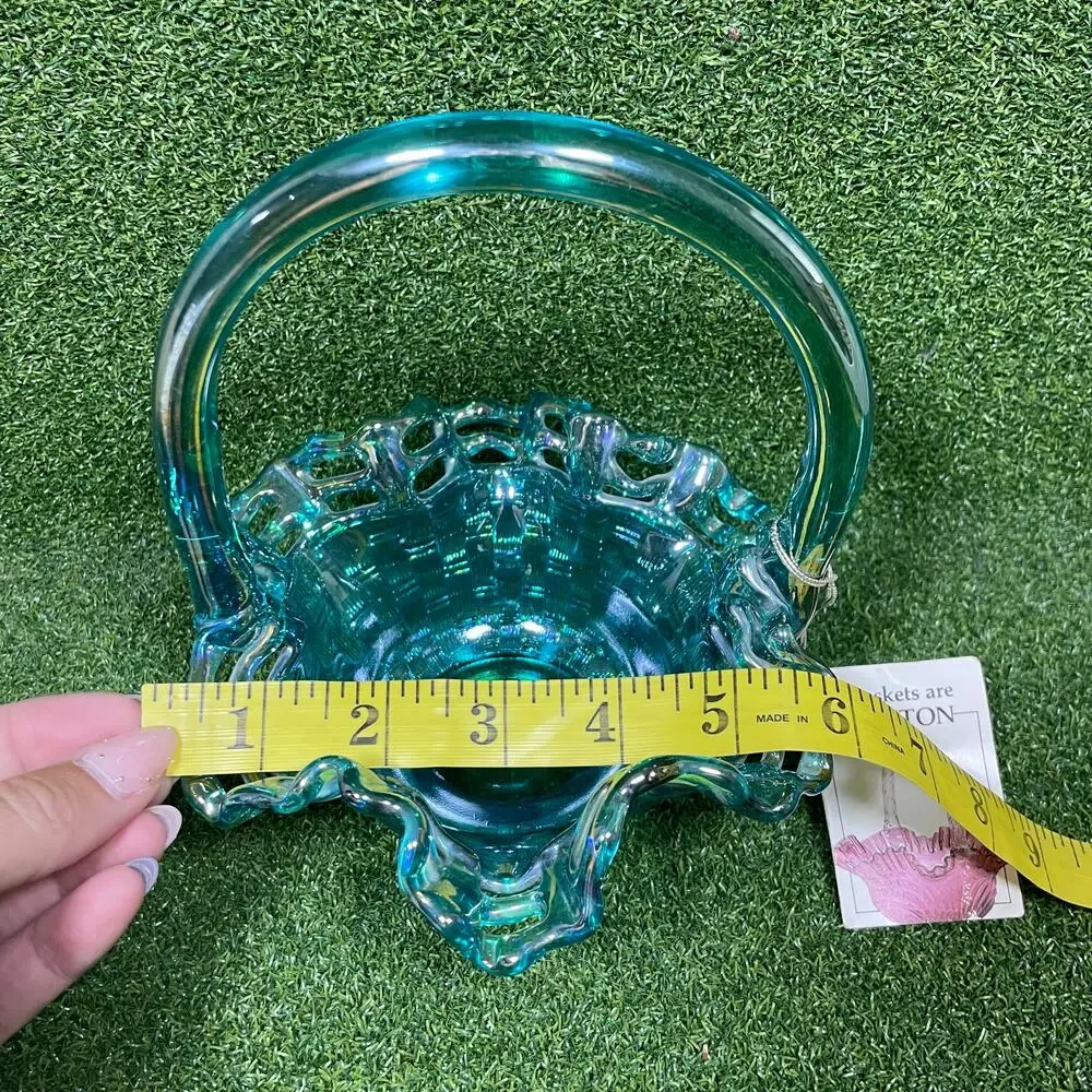 Vintage Fenton Teal Carnival Glass Open Edge Basketweave Basket w Original Tag